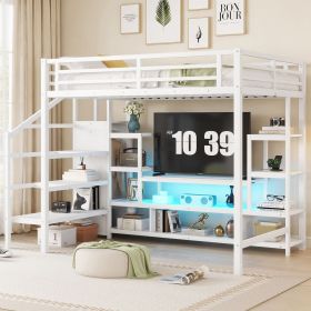 Full Size Metal Loft Bed with TV Cabinet, Metal Loft Bed with Staircase and Wardrobe, Kids Full Size Loft Bed, White (Expect Arrival Date 2025/3/