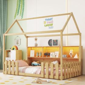 Twin Size House Bed with LED Light, Wood House Bed with Storage Bookshelf, Floor House Bed with Guardrails for Kids (Color: as Pic)