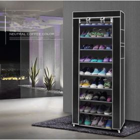 1 Large Capacity 10-Tier Non-Woven Shoe Rack, Space-Saving, Tall & Narrow, Movable for Dust Removal, Stable Structure, Multi-Color (Color: Black)